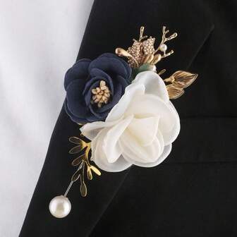 1 pieza Broche unisex de estilo coreano con rosa y camelias beige, adecuado para novio, novia, padrino, dama de honor, boda, fiesta, eventos de negocios, accesorio de solapa floral