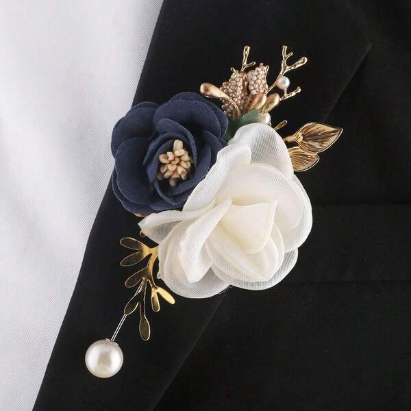 1pc Unisex Korean Style Rose & Beige Camellia Flower Brooch, Suitable For Groom, Bride, Groomsman, Bridesmaid, Wedding, Party, Business Events, Floral Lapel Pin Accessory Valentine's Day Accessories