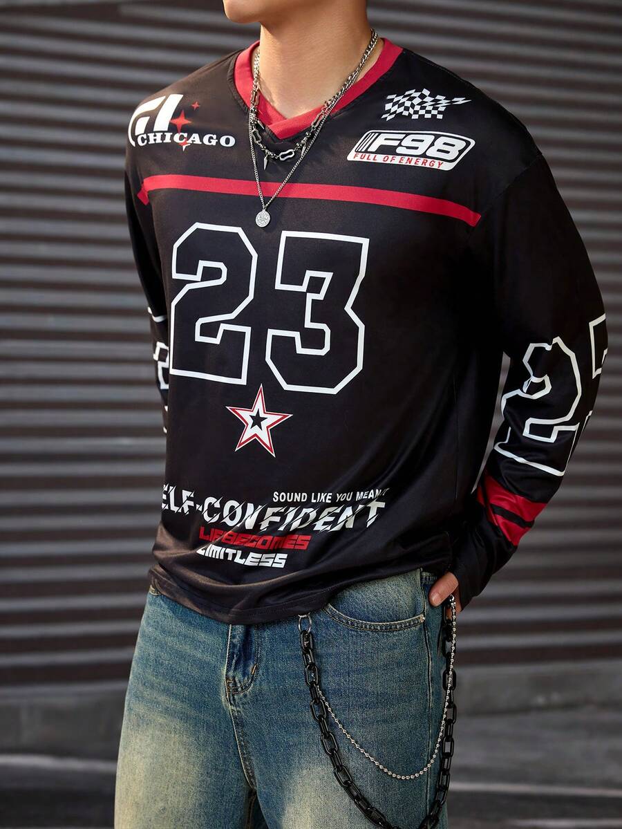 Camiseta de hombre de estilo callejero joven, casual y holgada, camiseta de manga larga con estampado digital, artículo esencial de otoño, elementos digitales de coche de carreras, suave y cómoda