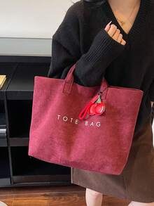 BEIKAMU 1 件纯色时尚大容量手提包，双手柄多功能手提包，适合日常通勤、购物 - 酒紅色 - 查看 2