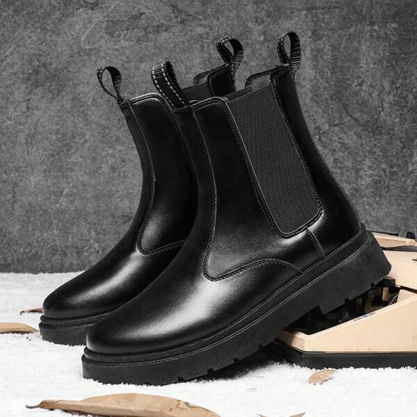 Black British Style Round Toe Men's Chelsea Boots, Anti-Slip Warm Thermal Lined Comfortable High-Top Leather Boots, Autumn/Winter Collegiate Business Vintage Chelsea Boots