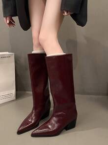 Women's Knee-High Boots, Pointed Toe Chunky High Heel, Black Boots, Burgundy Boots, Winter Boots, Solid Color Glossy, Elegant Women's Boots, Fashionable Thigh-High Boots, Tube Boots - Burgundy - View 1