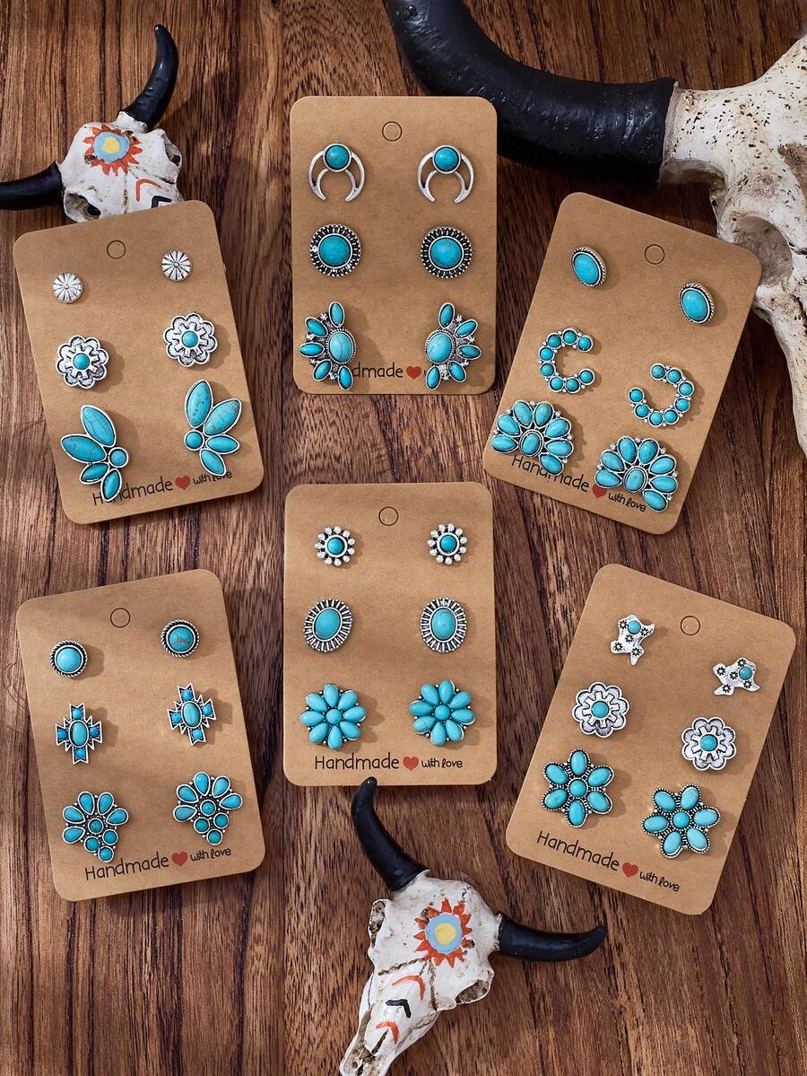 MONLOTTI 6/18/36pcs Western Turquoise Jewelry,Bohemian Turquoise Stud Earring Set,Fashion Vintage Jewelry Set For Woman,Pumpkin Flower, Oval, Circular, C-Shaped, Horse Shoe And Other Various Earring Stud Matching Turquoise Jewelry Set.,Suitable For Daily Gatherings And Matching For All Occasions, Gift For Woman, Western Jewelry,Earrings Women Earring Sets,My Orders Recently Purchased - Multicolor - View 1