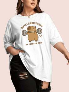 White Capybara Print T-Shirt Plus Size, Short Sleeve, Round Neck, Long Knit - White - View 1