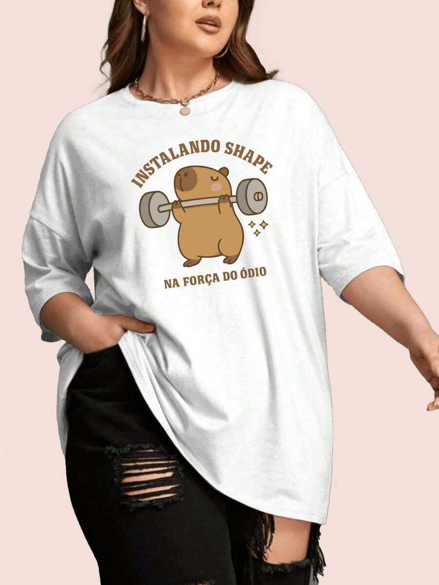White Capybara Print T-Shirt Plus Size, Short Sleeve, Round Neck, Long Knit - White - View 1