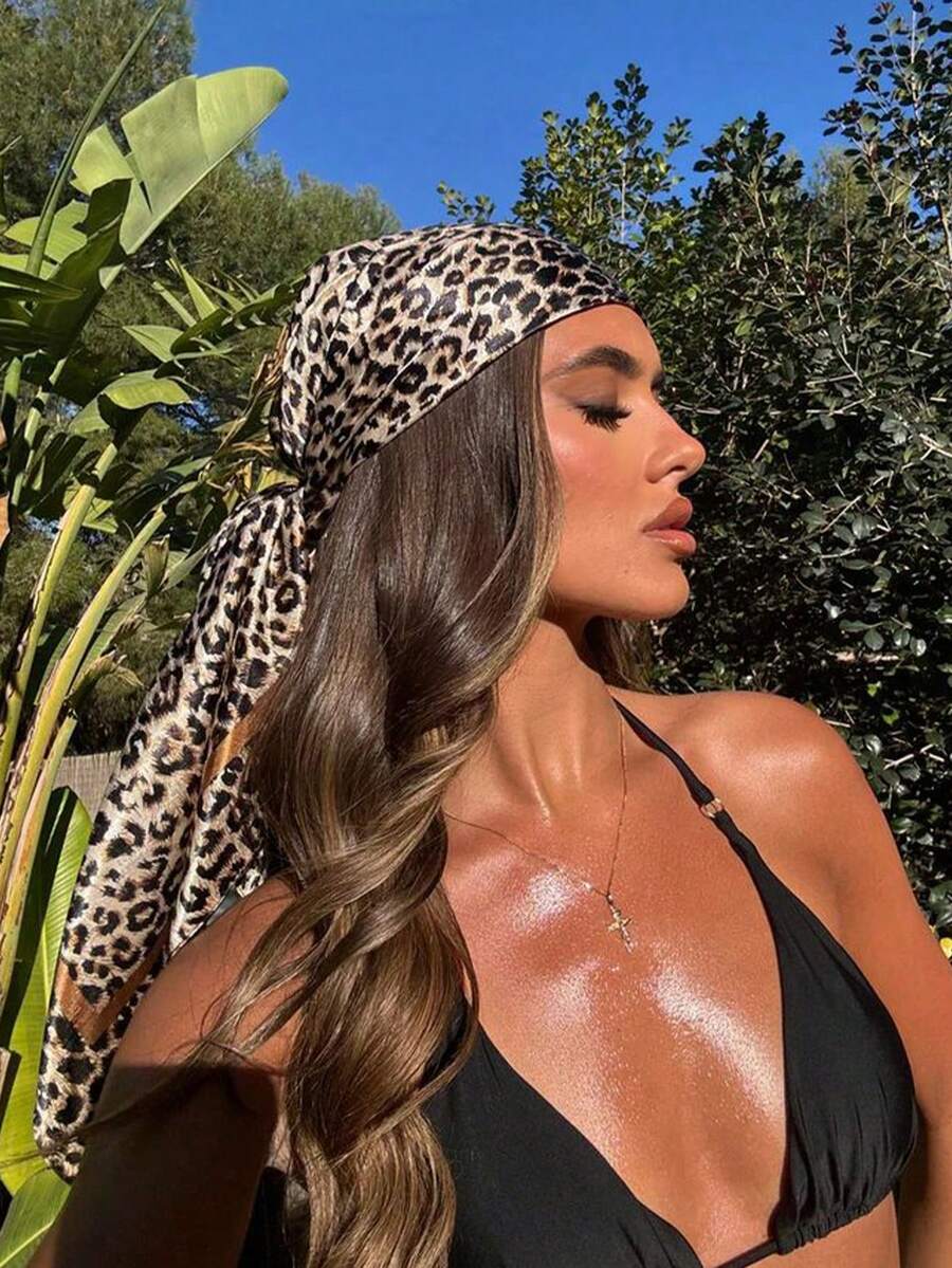 1条女士2025时尚复古豹纹90*90头巾，休闲百搭，柔软亲肤，适合所有季节，多功能头巾 - 01-卡其 - 查看 1