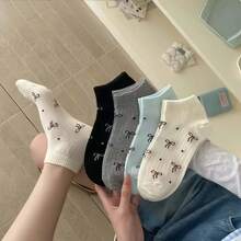 10/5 Pairs Women's Random Bow, Polka Dot, Striped, Solid Color, Minimalist Lace Trim Ankle Socks, Soft, Breathable, Collegiate Style, Versatile For Daily Wear, All Seasons