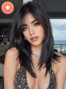 5-Star Recommended 14-Inch Elegant Mid-Length Straight Black Wig With Bangs - Rose Net Cap, Heat-Resistant Synthetic Fiber, Women's Wig Suitable For Daily, Party, Cosplay, Halloween And Other Occasions - màu đen - Xem 2