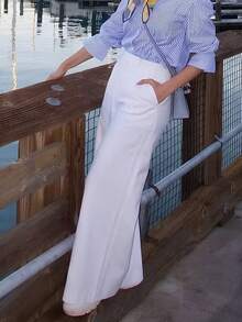 DONICY Women's Solid Color Double Pocket Straight Leg Pants, High Waist Loose Elegant Bell-Bottom Trousers, Pleated High Waist Minimalist Commuter Style, Autumn/Winter