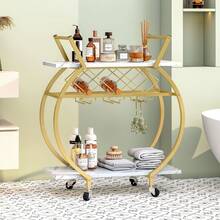 Bar Trolley 2 Tier Rolling Home Service Trolley With Wine Rack And Wheels, Modern Rustic Brown Metal Round Wine Trolley, Industrial Mobile Storage Kitchen Trolley For Kitchen, Bar, Living Room - 金色 - 查看 4