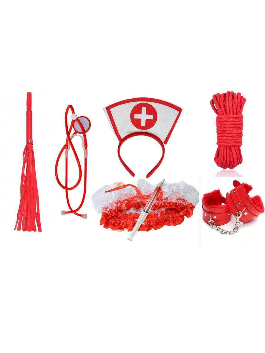 7件套护士服装套装，包括头带、听诊器、医疗包和化妆道具，适合节日派对表演。 - 彩色 - 查看 1