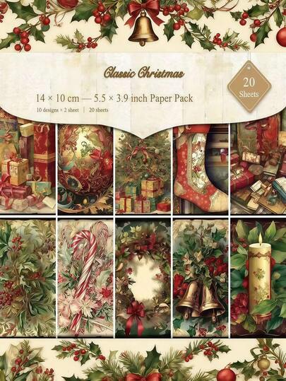20 Stück Retro Rote Weihnachtsdeko Papiere - Retro Festivaldesign mit Glocke, Kranz und Zuckerstangen Mustern, A6 Größe (5,5x3,9 Zoll) wiederverwendbar in gemischten Farben, geeignet für Scrapbooking, Kartenherstellung, Fotorahmen Hintergrund und Geschenkverpackung, Festivaldekorationen | Retro Weihnachten | Klassische Ästhetik, Weihnachtshandwerk, perfekt für Winter und Neujahr