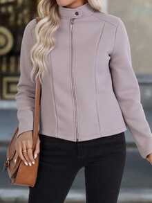 Chamarra invierno dama mujer corte corto tejido polar textura suave caliente calientito botones bolsillos manga larga cuello camisero recto casual día noche festival comida cena calle otoño invierno - Taupe - Ver 2