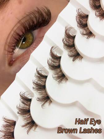 Asiteo 7 Pairs Brown Natural Half-Eye False Eyelashes, Natural Cat Eye False Eyelashes Makeup Tools, Extra Long Fluffy Faux Mink False Eyelashes With Transparent Band, Natural Long Cat Eye False Eyelashes, 3D Fluffy False Eyelashes, Mini Cute Super Short Half-Eye False Eyelashes, Suitable For Cosplay