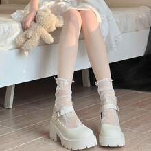 1 Pair Lace Mesh Women Knee High Socks, Breathable, Lightweight, Gauze Embroidery Flower Print Design