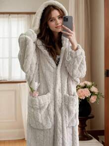 Women's Winter Rabbit Pattern Hooded Coral Fleece Robe, Cute Thick Pajamas, Solid Color Knitted Fabric, Button Detail, 100% Polyester, Adult Winter Warm Bathrobe - Multicolor - View 4