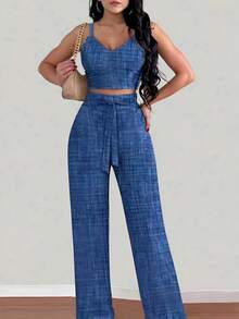 Conjunto de 2 piezas para mujer, Conjunto de top elástico con cuello en V y pantalones anchos para mujer, conjuntos elegantes para dama, conjuntos casuales para mujer, ideal para llevar a la oficina y para ocasiones informales cotidianas conjunto mujer. - Azul lavado oscuro - Ver 5