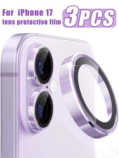 3片装苹果17英寸（6.3英寸）摄像头镜头保护膜，兼容 17 Pro Max/17 Pro/16/15/14/13/12/11，[AR+AF]高清透明钢化玻璃镜头盖，9H硬度防刮，独立金属环，兼容手机壳，安装简便，紫色