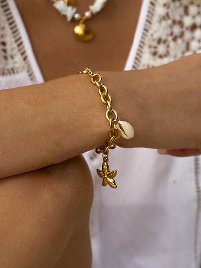 Pulseiras de aço inoxidável banhadas a ouro 18K com concha de estrela do mar, estilo oceano, para mulheres e homens, pulseiras grossas com corrente cubana, joias para festa