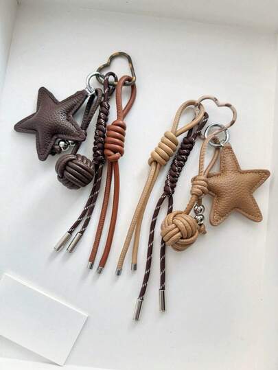 Handgemachter DIY Schlüsselanhänger - Leder Stern geflochtenes Seil Taschenbaumler Schlüsselanhänger Ornament Kette, kreative herzförmige hängende Ring Metall Accessoires, Damen Tasche Dekoration Schlüsselanhänger Auto Zubehör für Frauen