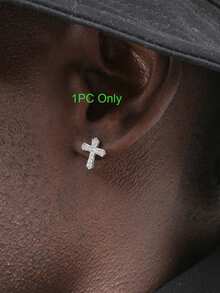 1pc Fashion Men's Rhinestone Cross Earrings, Hip-Hop Style Micro-Inlaid Zirconia All-Match Earrings - Silver - View 2