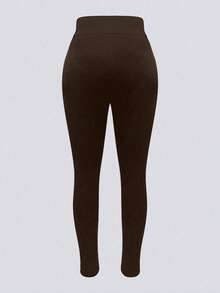 女士纯色高腰裤，休闲日常仿皮拼接打底裤，带拉链口袋，女士春季服装 - 棕色 - 查看 6