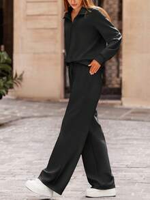 Women's 2 Piece Outfits Casual Lapel Half Zip Sweatshirts And Wide Leg Pants Tracksuit Sets Vacation Spring  Fall Outfits For Women - 黑色 - 查看 5