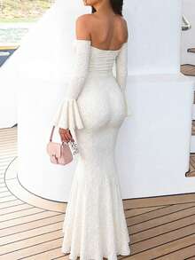 Women's Elegant Off Shoulder Backless Fitted Dress With Flare Sleeves