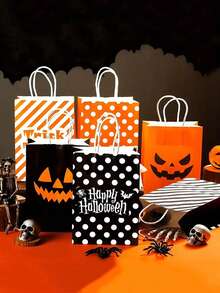 6/12pcs Pumpkin & Bat & Ghost Pattern Paper Gift Bag With Handle, Trick Or Treat Bags For Decorations Decor Decorations Home Bag