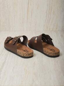 Sandalias de playa de moda para caballero con doble hebilla, suela de corcho ergonómica, planas de punta abierta, transpirables, versátiles y cómodas para caminar al aire libre - Café integral - Ver 2