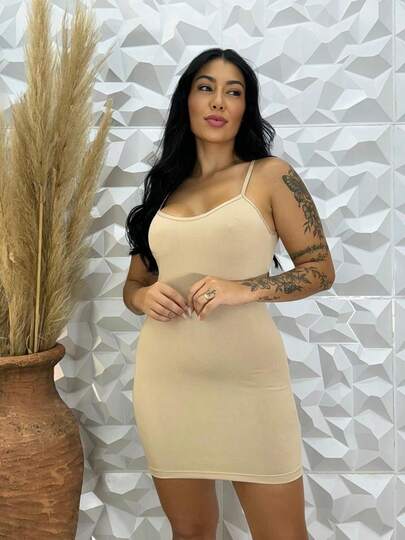 Vestido Segunda Pele Feminino  Justo Alça Fina Modelador Cintura Ajustada Sexy Básico Confortável Para Festa Dia a Dia