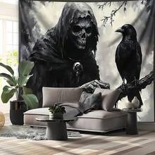 1 pièce Grande taille Impression numérique de tapisserie avec crâne sombre et corbeau, tissu d'impression esthétique en polyester, décoration murale pour salon, chambre, bureau, maison, fête