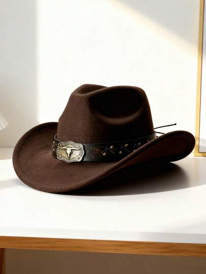 1 peça de chapéu de feltro feminino de aba larga em formato de coração, combinado com cinto largo vintage e decoração de cabeça de touro na cor cobre, elegante e estiloso, adequado para viagens, festas e uso diário, design versátil unissex