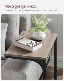 VASAGLE Mesa Auxiliar en Forma de C, Mesita de Noche, Marco de Metal, para Sala de Estar, Dormitorio, Marrón Rústico y Negro Tinta MLET353B01 - Abedul grisáceo + negro - Ver 2