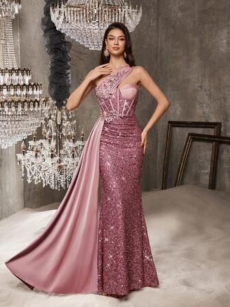 QOQ 浪漫时尚亮片优雅派对晚礼服春夏贴花女士礼服适合婚礼宾客、红毯、毕业舞会、生日派对、庆典、颁奖典礼粉色不对称领口无袖露背超长连衣裙