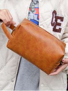 Vintage Makeup Bag With Portable Handle - Premium Zipper & Neat Stitching, Large Capacity Leather Texture Cosmetic Bag For Travel Organizer​ Bag Toiletry Pouch Waterproof For Women's Girls Halloween Christmas Holiday Gifts Teacher Gifts