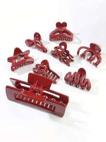 8pcs/Set Burgundy Solid Color Acetate Delicate Small Hair Clips, Hair Claw Barrettes, High-End Hair Accessories Clips, Suitable For Women To Fix Half Hair