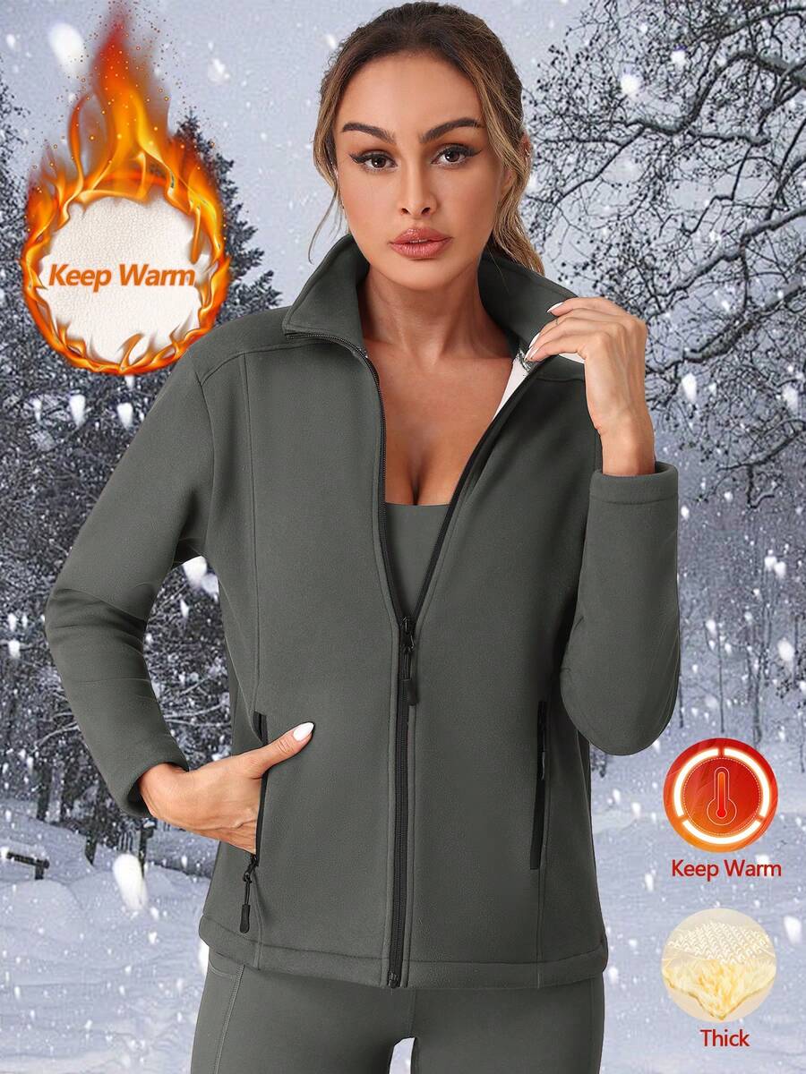 Women's Fleece Jacket With Pockets Solid Color Zipper Coat Autumn And Winter Wear - Dark Grey - View 1