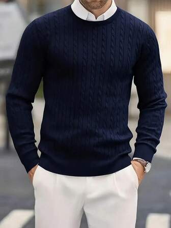 Men's Casual Versatile Solid Color Twist Knit Crew Neck Sweater