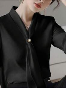 Solid Color Tie Decor Beaded V-Neck Blouse, Elegant Long Sleeve Shirt - Black - View 2
