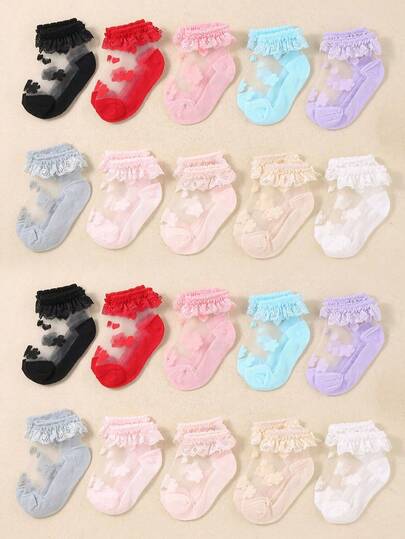 10 Pairs Baby Girls Socks | 5 Pairs Baby Short Socks With Glass Silk Lace In Random Colors | Comfortable & Cool For Summer | Lovely Princess-Style Lace Socks For Baby Girls