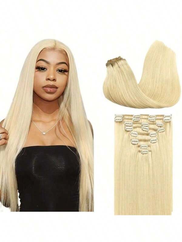 Clip In Hair Extensions Human Hair For Women Straight Seamless Invisible Double Weft 8pcs #613 Natural Thick Full Volume