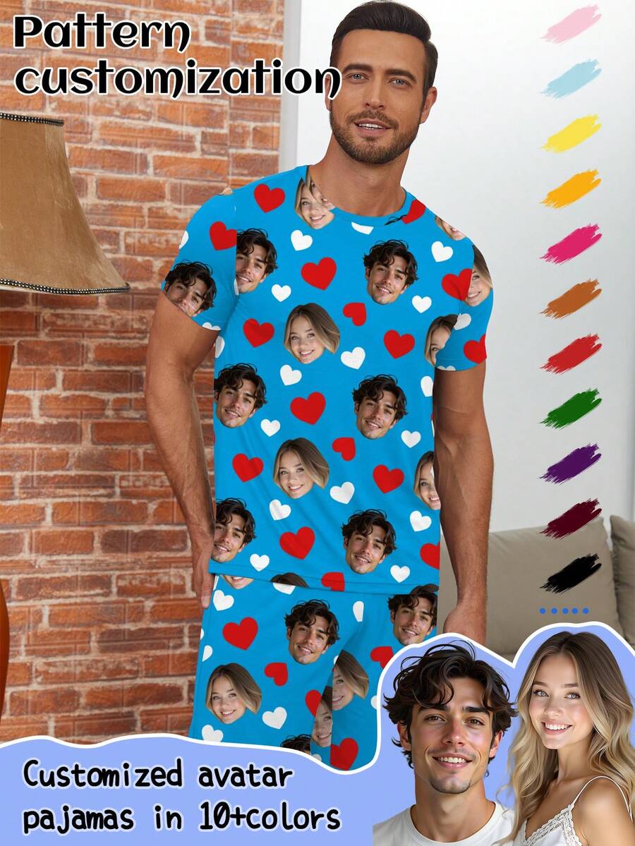 Conjunto de pijama personalizado para hombres de Printstory, personalizado con cualquier patrón, regalo personalizado único, adecuado para familia, amigos, fiestas festivas - Azul - Ver 1