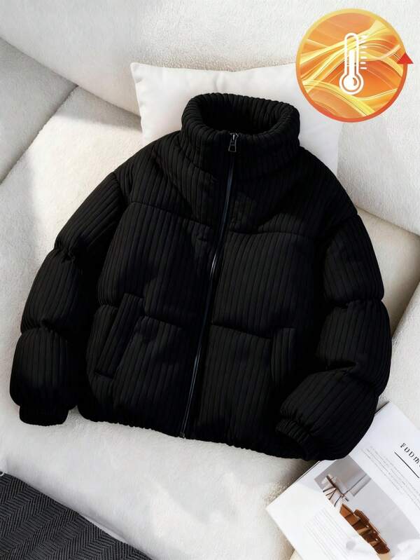 Damen-Daunenjacke aus Cord mit Reißverschluss, Streifen und Taschenreißverschlüssen, locker, lässig, vielseitig und modisch, warme Baumwolljacke mit Stehkragen, Steppjacke, langärmliges Oberteil, Herbst- und Winterkleidung, geeignet für kaltes Wetter, Damen-Ausgehoberteile, Retro-Stil/Heimstil/Sportstil/Straßenkleidung/Preppy-Stil, schwarzes Oberteil