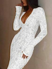 魅力优雅性感假日约会极简派对长袖蕾丝边V领紧身连衣裙 - 白色 - 查看 5