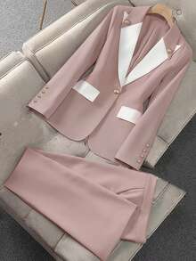1 Set Women's Suit Jacket And Pants, Button Closure - Pink - View 1