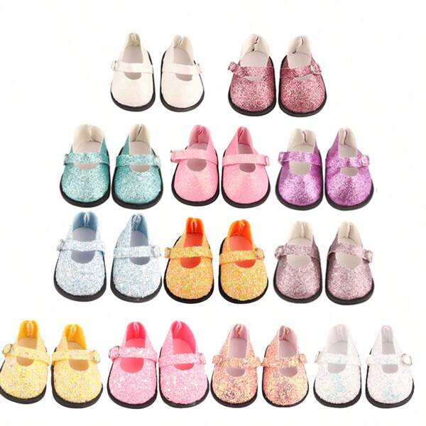 MSYO 1 para 18-calowych/43-centymetrowych cekinowych butów dla lalek, cukierkowe kolory, 12 dostępnych kolorów, modne akcesoria dla lalek, odpowiednie jako prezent urodzinowy lub świąteczny dla małych dziewczynek