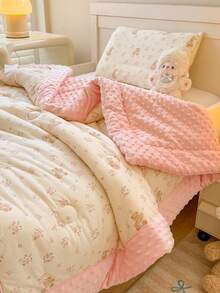 1pc Cartoon Print Knitted Fabric & Velvet Pom-Pom Comforter, Quilted Duvet, All Season Down Alternative Bedding, With Corner Ties, Warm & Soft Quilting Technique, Suitable For Bedroom, Guest Room - Pink - View 5