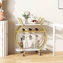 Bar Trolley 2 Tier Rolling Home Service Trolley With Wine Rack And Wheels, Modern Rustic Brown Metal Round Wine Trolley, Industrial Mobile Storage Kitchen Trolley For Kitchen, Bar, Living Room - 金色 - 查看 5
