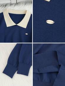 Áo croptop ngắn tay kiểu Hàn Quốc cổ polo, chất liệu mỏng, thiết kế phối màu, dành cho nữ, thu đông mới. - Xanh đậm - Xem 7